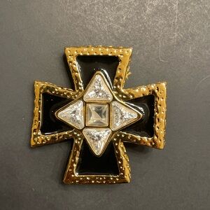 Saint John Gold and Black Cross Brooch with Crystal Accents